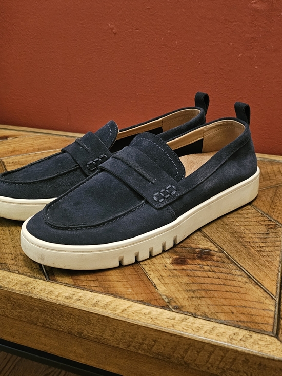 Vionic Navy Suede Penny Loafers with White Platform